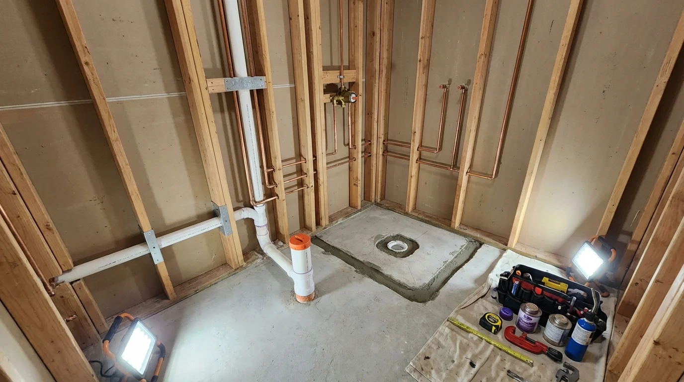 Bathroom rough-in plumbing during remodel by Johns Plumbing LLC in Sandown