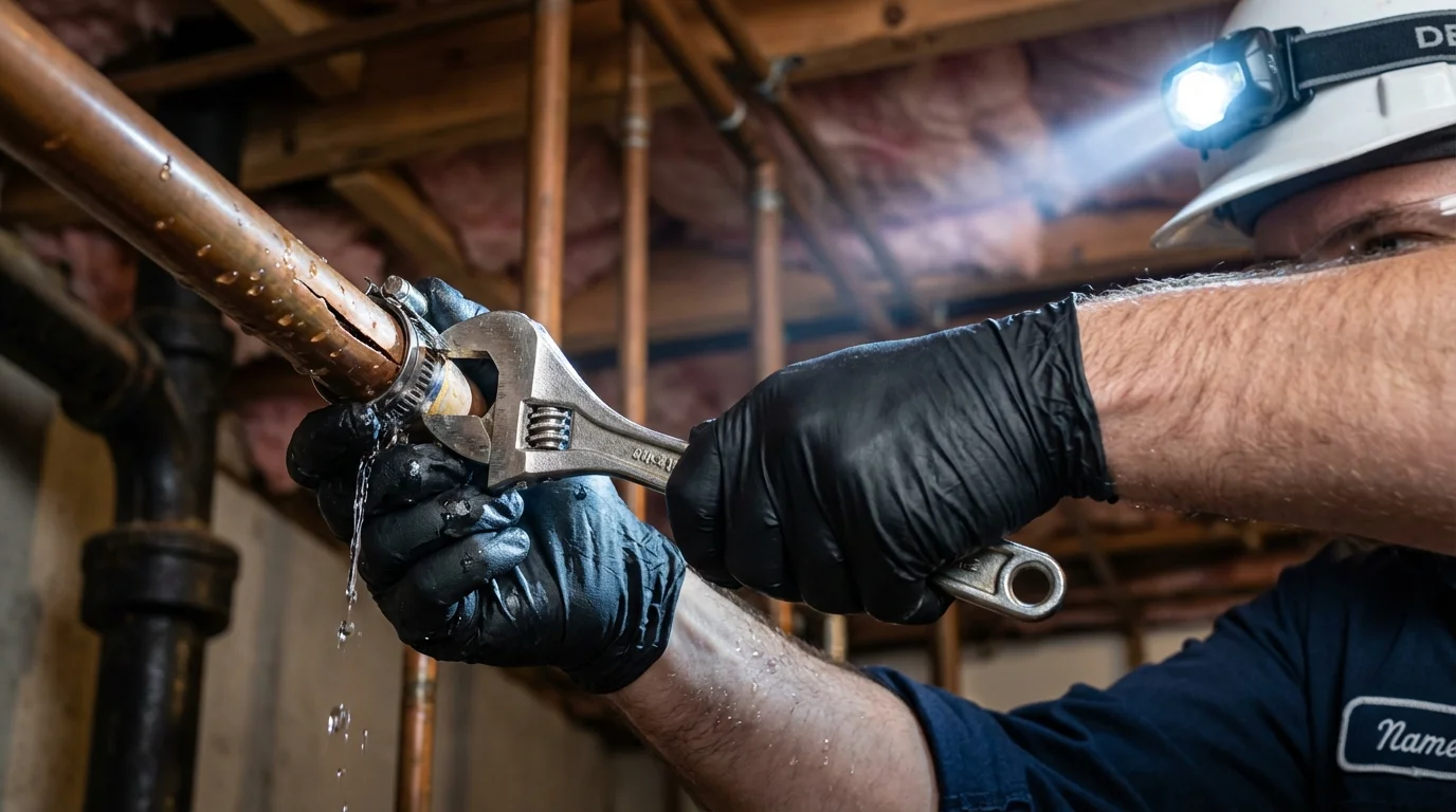 Emergency pipe clamp repair being performed by a Johns Plumbing LLC plumber in Sandown