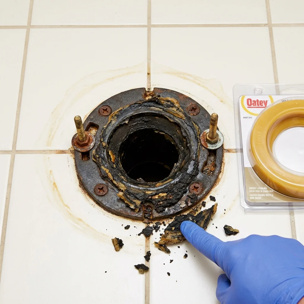 Failed wax ring showing water seepage at the base of a toilet in a Sandown, NH home